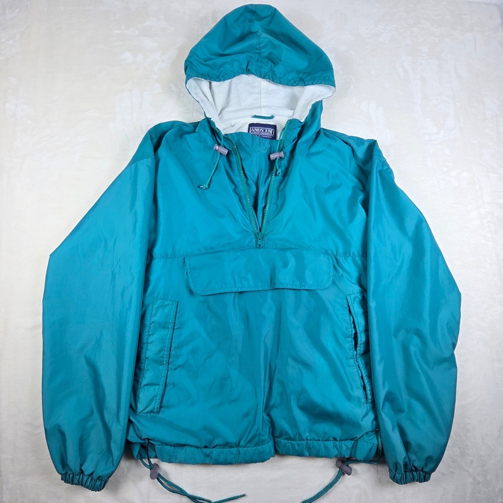 Vintage Lands End Anorak Windbreaker Unisex Small Teal Blue Pullover Jacket 90s